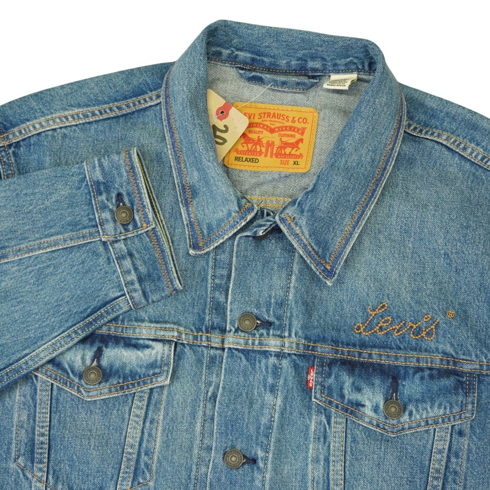 Levis Denim Jacket Womens XL Blue Relaxed Fit Embroidered Type 3 Trucker Logo